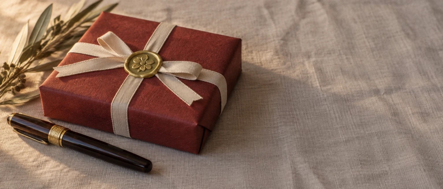 Caja de regalo envuelta en papel rojo con sello de lacre